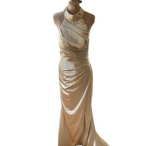 Cream color Asymmetrical Ruched Backless Gown.